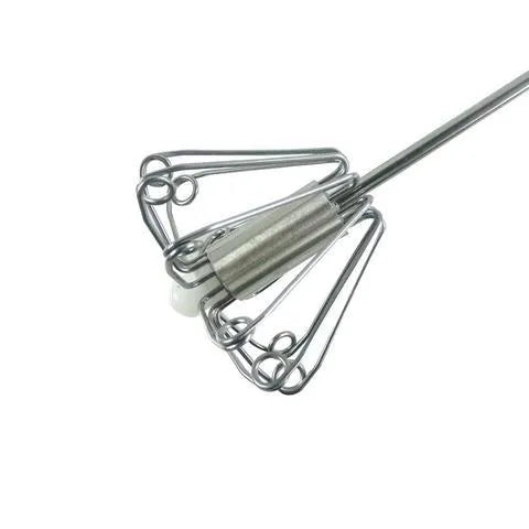 Self spinning whisk with stainless steel head and black handle on white background