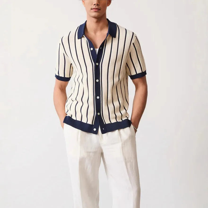 Men's white British style ice silk knitted top with asymmetrical lapel and short sleeves