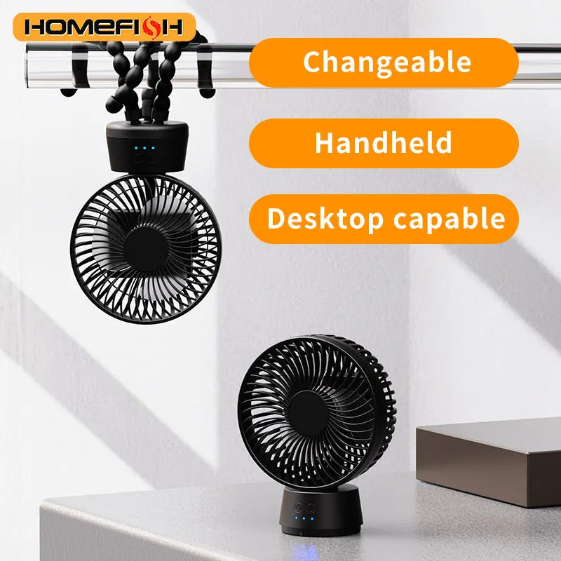 HOMEFISH F2 automatic shake head portable fan with LED light and removable bracket.