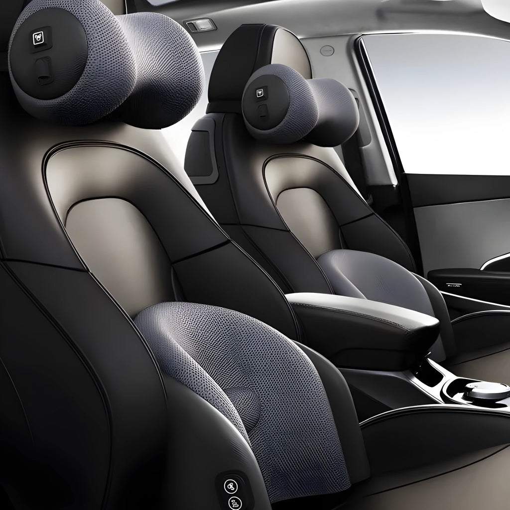 Car seat massage cushion and headrest set made from memory foam in a neutral colour.
