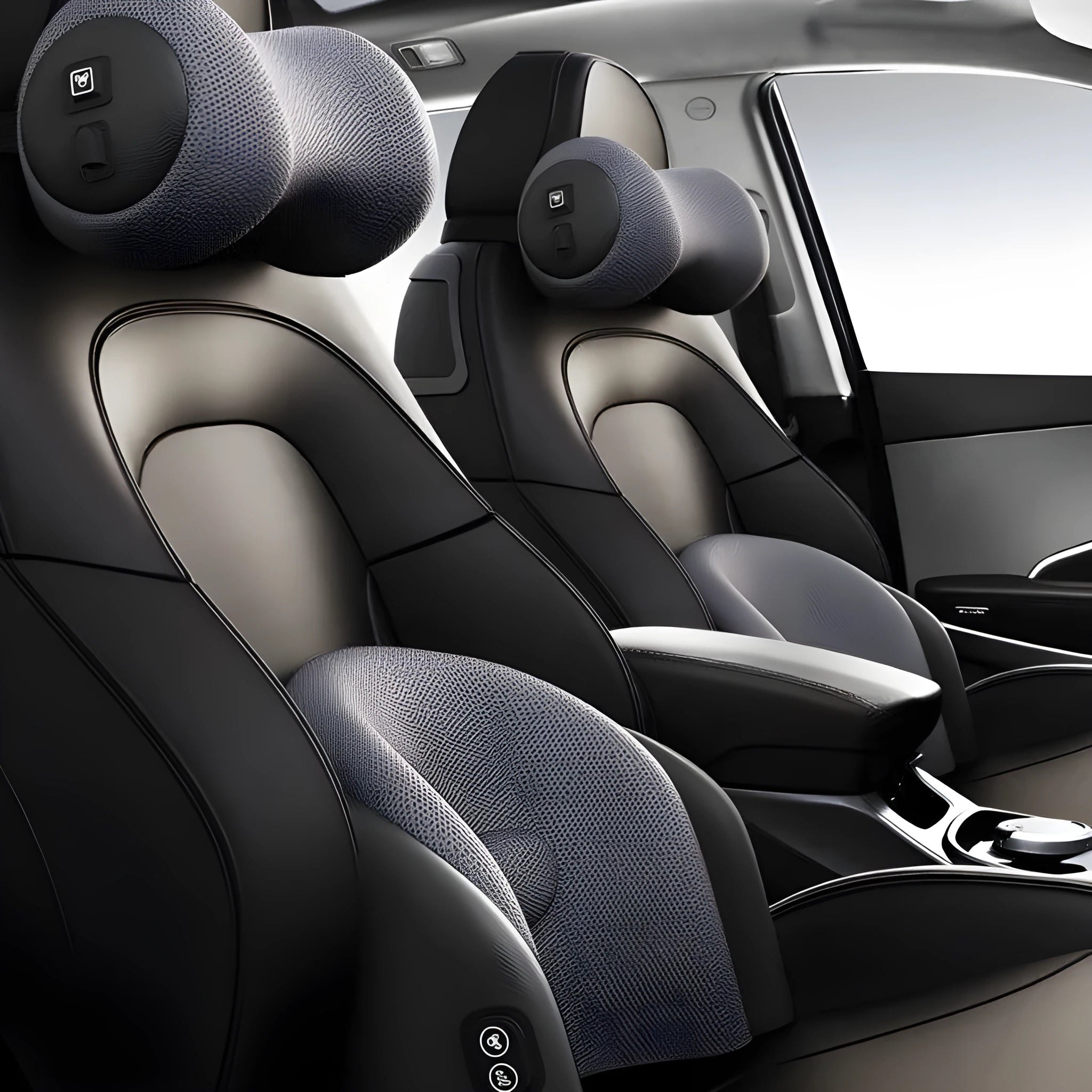 Car seat massage cushion and headrest set made from memory foam in a neutral colour.