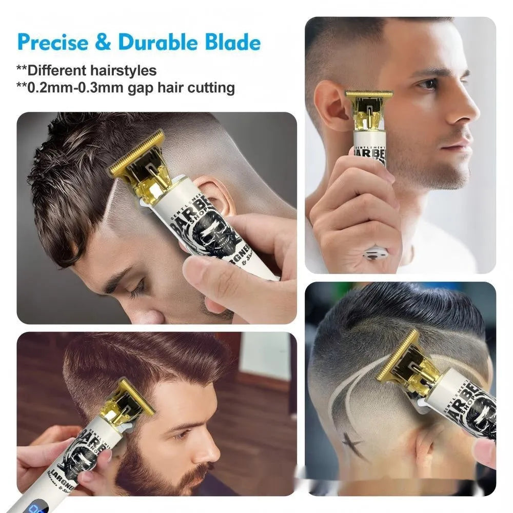 Rechargeable hair clipper with stainless steel head, USB cable, and 4 attachments on a white background.