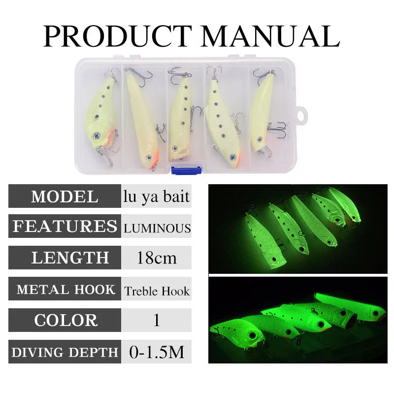 Set of five 3D fluorescent hard fishing baits with luminous coating for underwater use