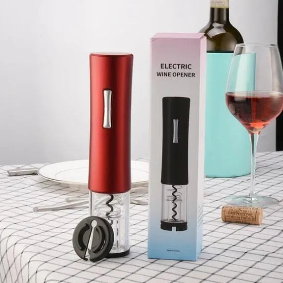 Black automatic electric wine opener with foil cutter and transparent window on white background