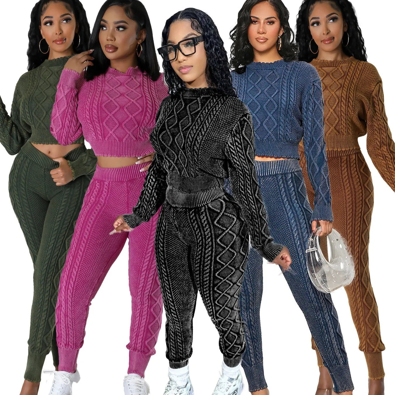 Women's cotton knit diamond pattern cable sweater set with long sleeves and matching trousers in brown