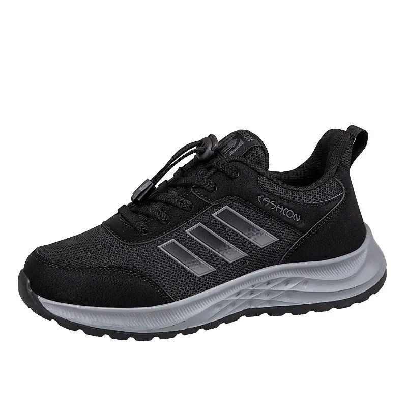 Breathable mesh casual shoes with elastic band closure in black, dark grey, purple and purplish red.