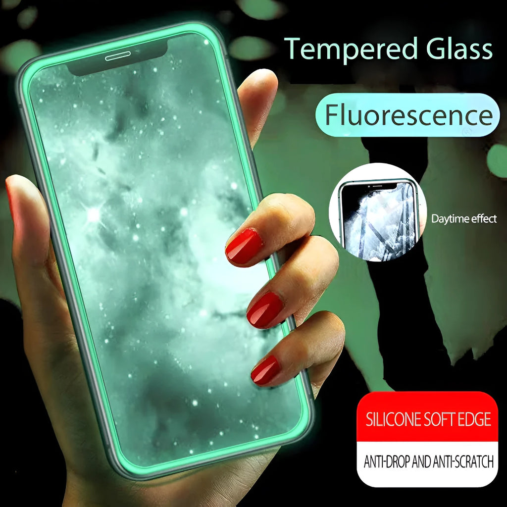 Luminous tempered glass screen protector for iPhone glowing softly in a dark setting.