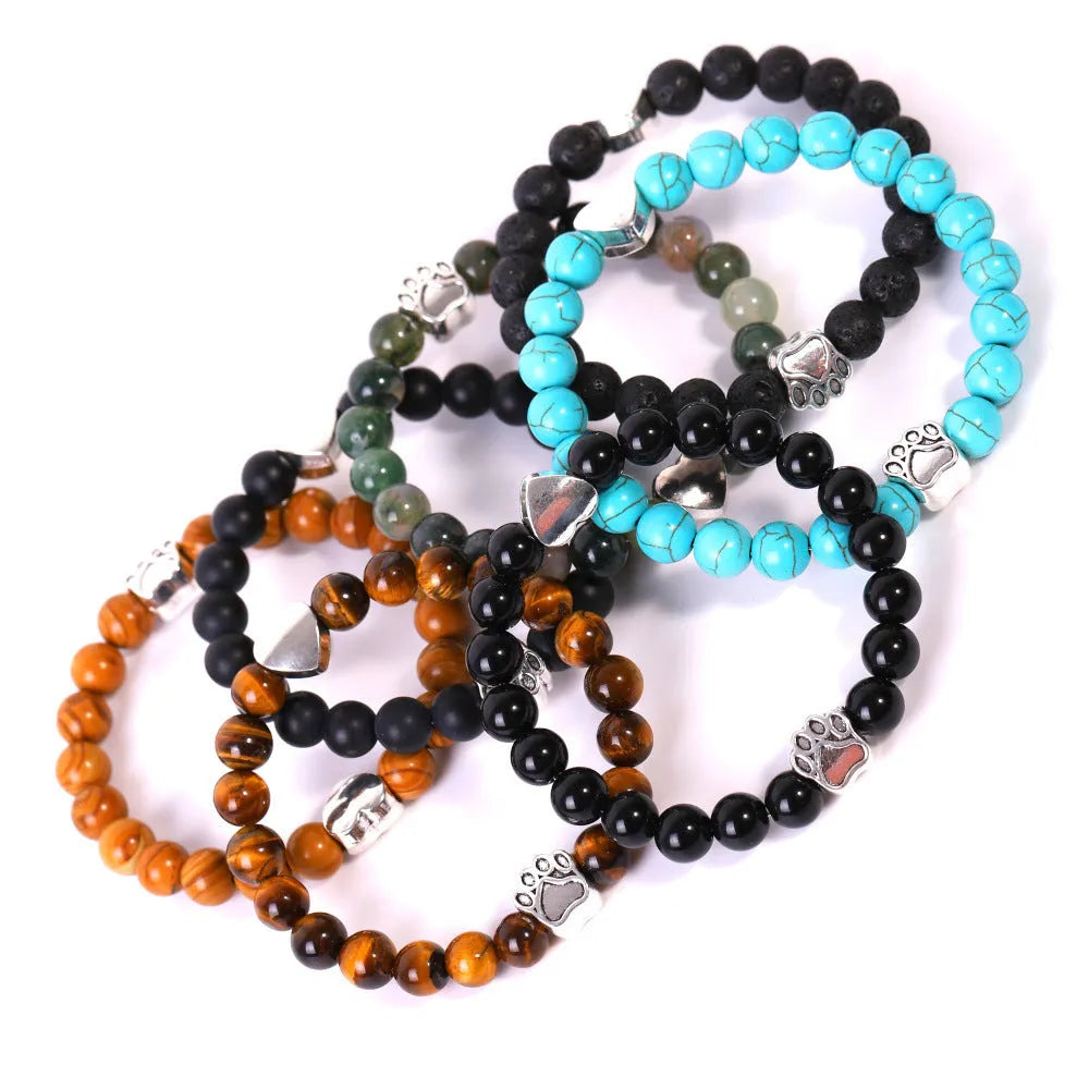 Tigereye Indian agate stone bead bracelet with dog's paw and heart charms in geometric design