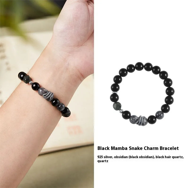 Men's black obsidian crystal and silver snake bracelet with retro zodiac design