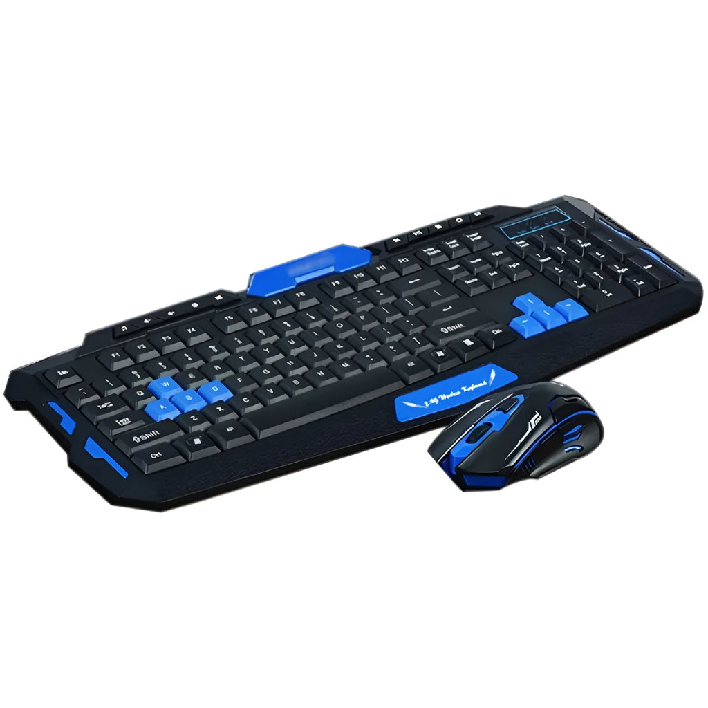 Black and blue wireless keyboard and mouse set on a desk showing ergonomic design.