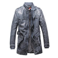 Men's cowhide leather trench coat in brush black with button front and spread collar