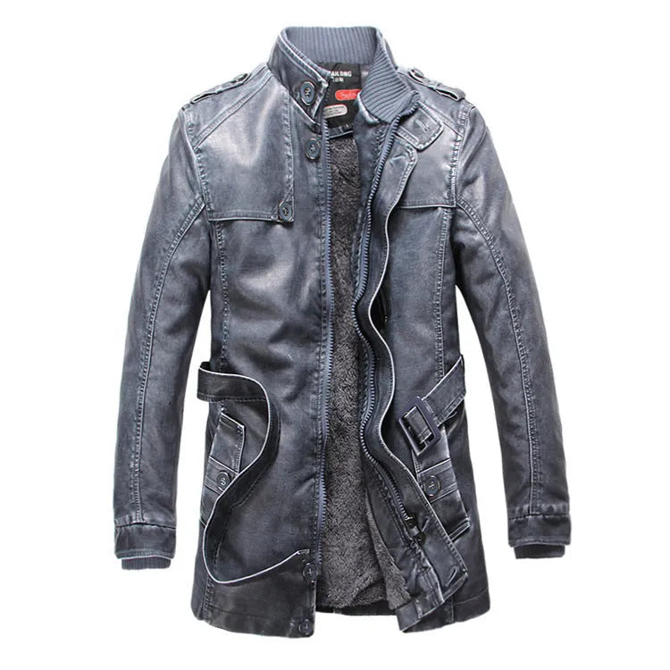 Men's cowhide leather trench coat in brush black with button front and spread collar