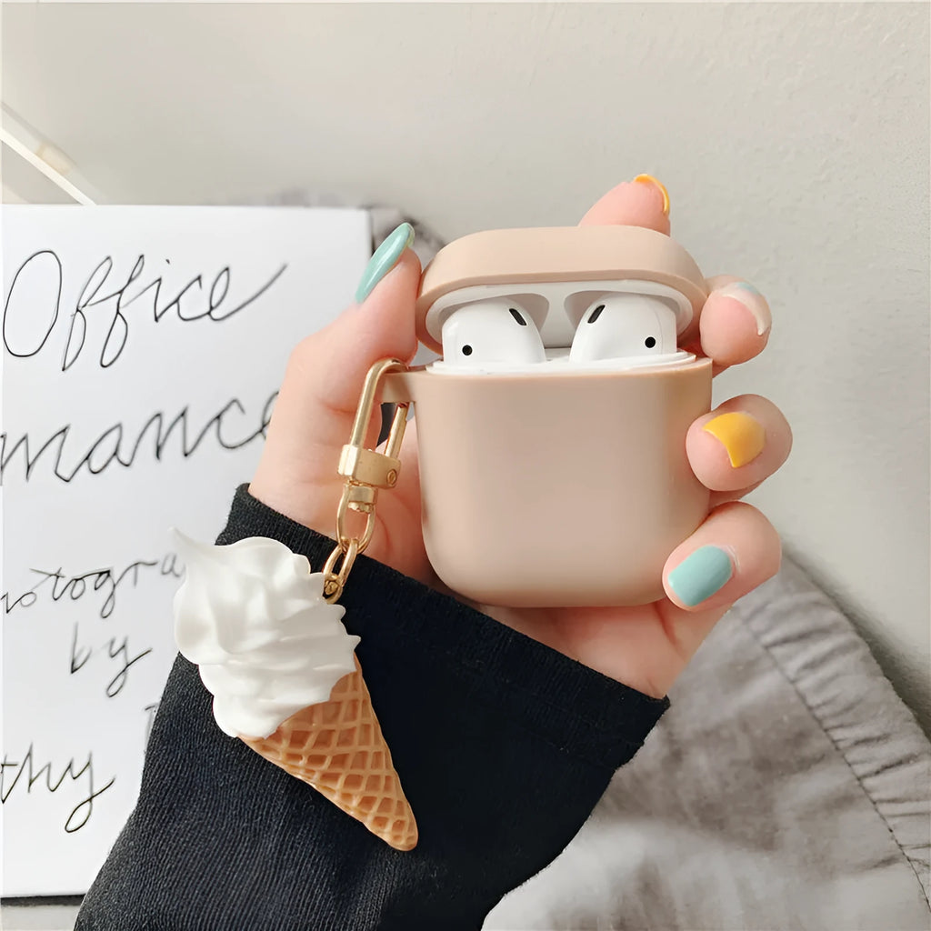 Silicone case for Apple AirPods 2 with cylindrical ice cream swirl design showing charging port cutout