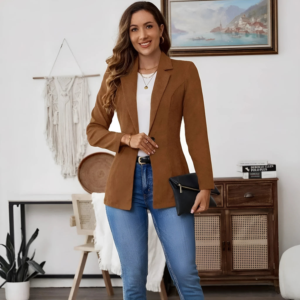 Brown single-breasted leisure suit coat with a lapel collar on a hanger.