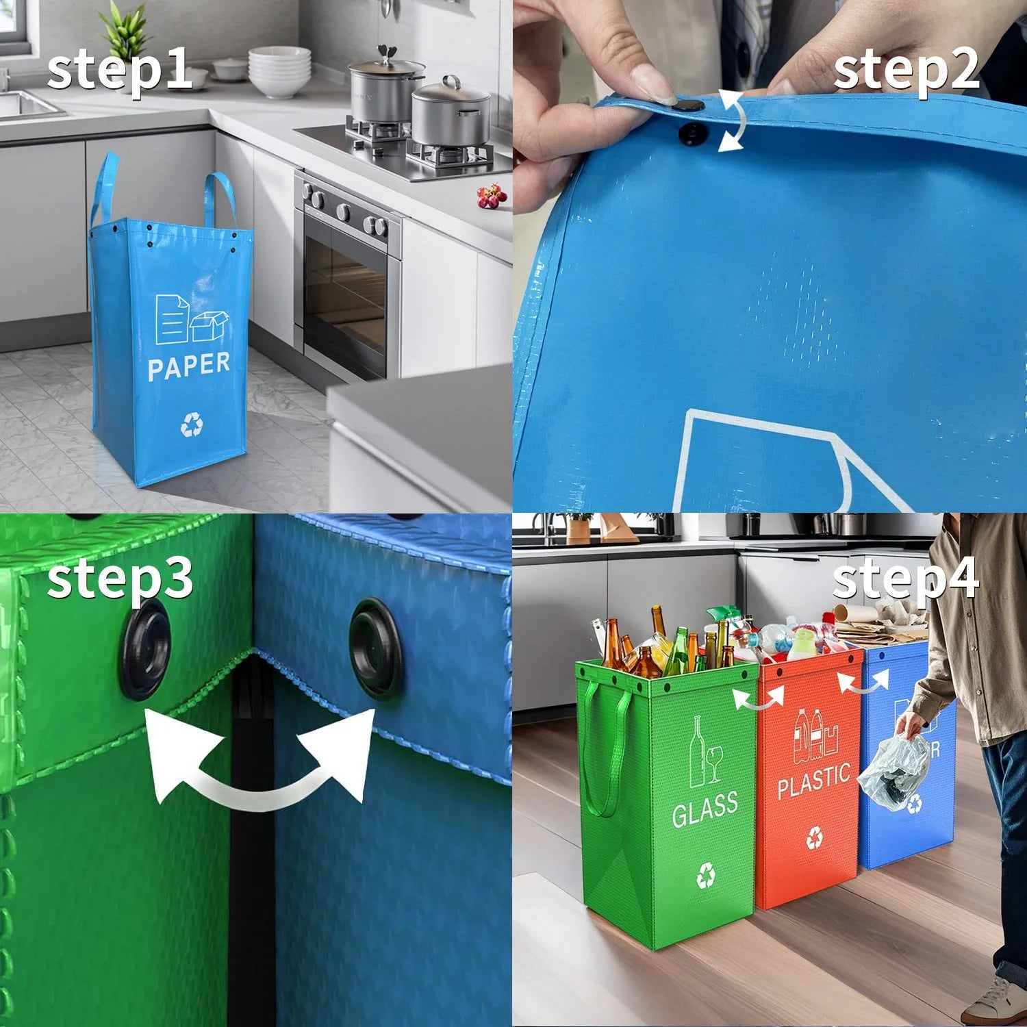 Blue waterproof plastic waste sorting bin with classification compartments, 40 litre capacity.