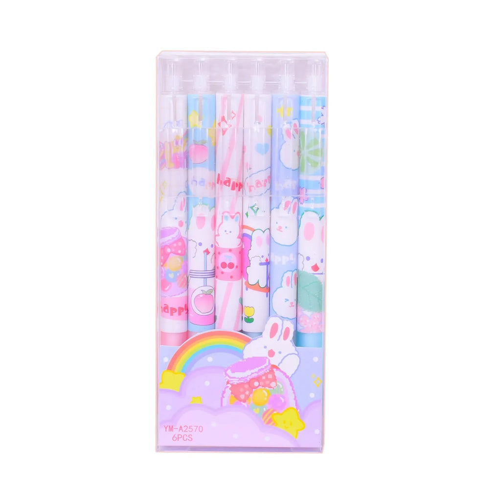 Six bunny cartoon design black ink pens with 0.5mm tips in packaging