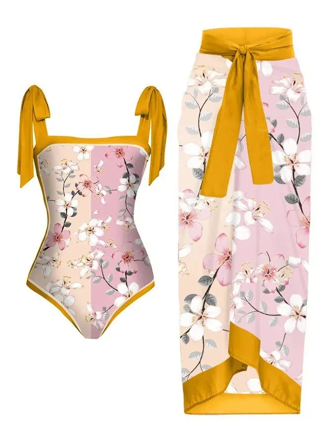 Women's printed floral two-piece swimsuit with chiffon hip skirt on hanger