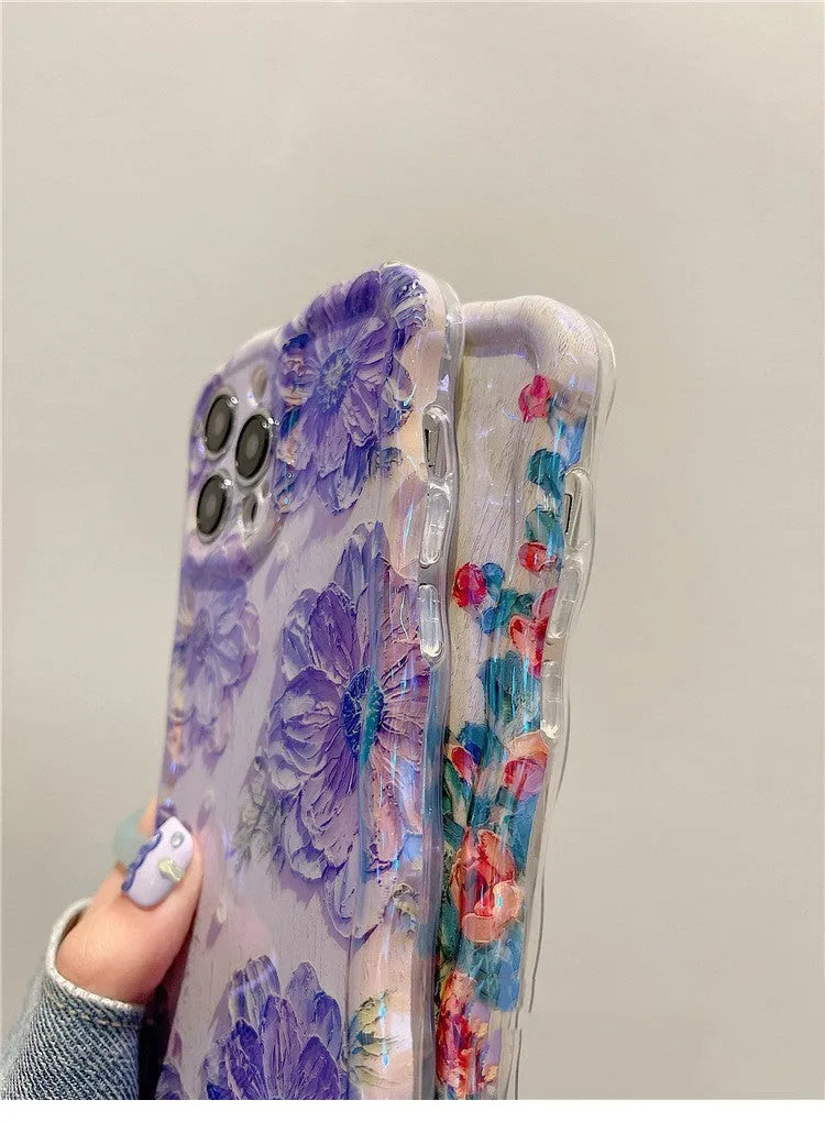 Advanced Art Oil Painting Flower Phone Case with twisted edge and blue light effect, compatible with iPhone models