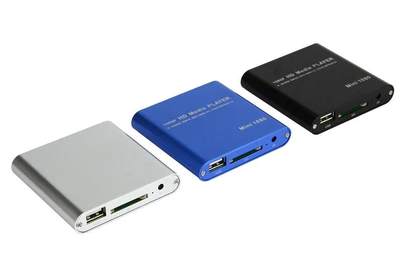 Compact black 1080p Full HD media player with HDMI, SD card, and USB ports on a white background.
