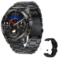 Round Bluetooth sports watch with AMOLED always-on display and silicone strap on a wrist.