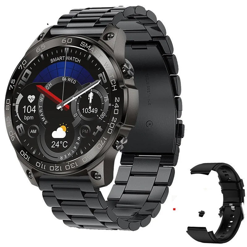 Round Bluetooth sports watch with AMOLED always-on display and silicone strap on a wrist.