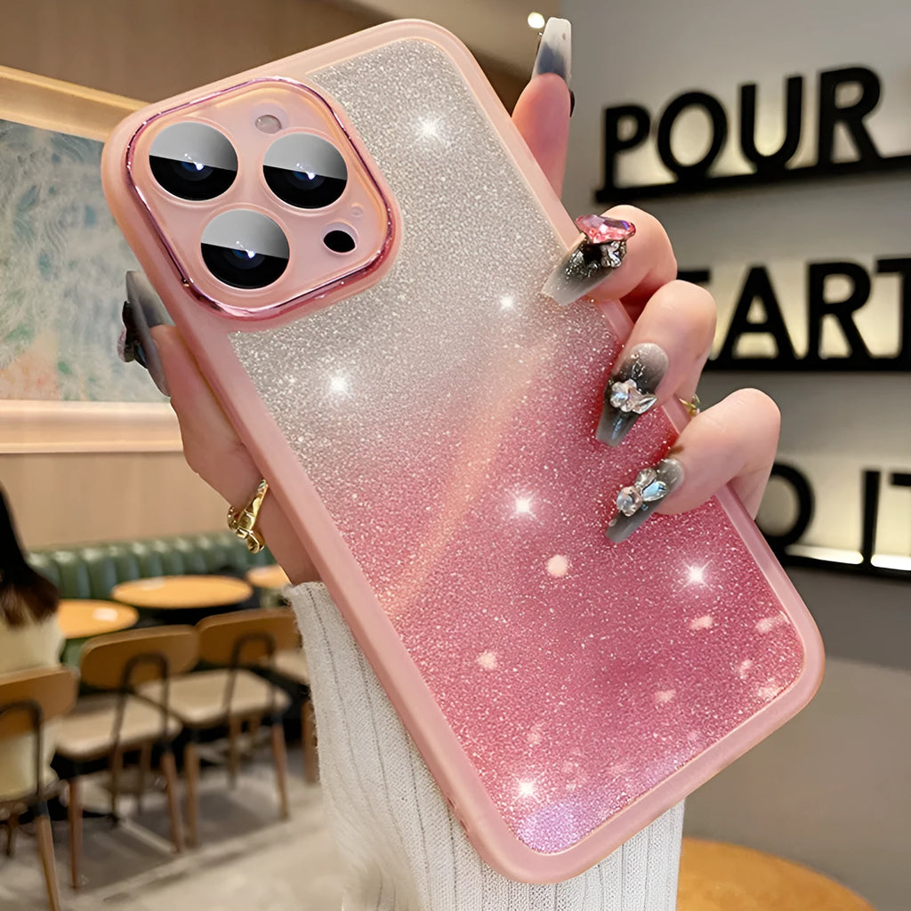 Ultra-thin transparent glitter phone case for iPhone with gradient electroplating finish.