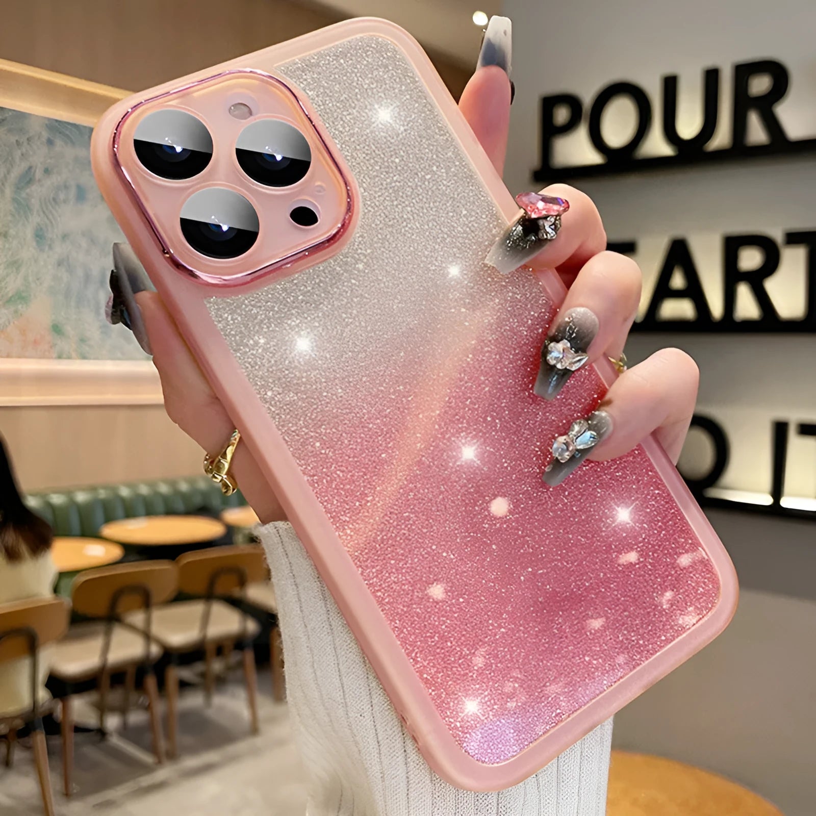 Ultra-thin transparent glitter phone case for iPhone with gradient electroplating finish.