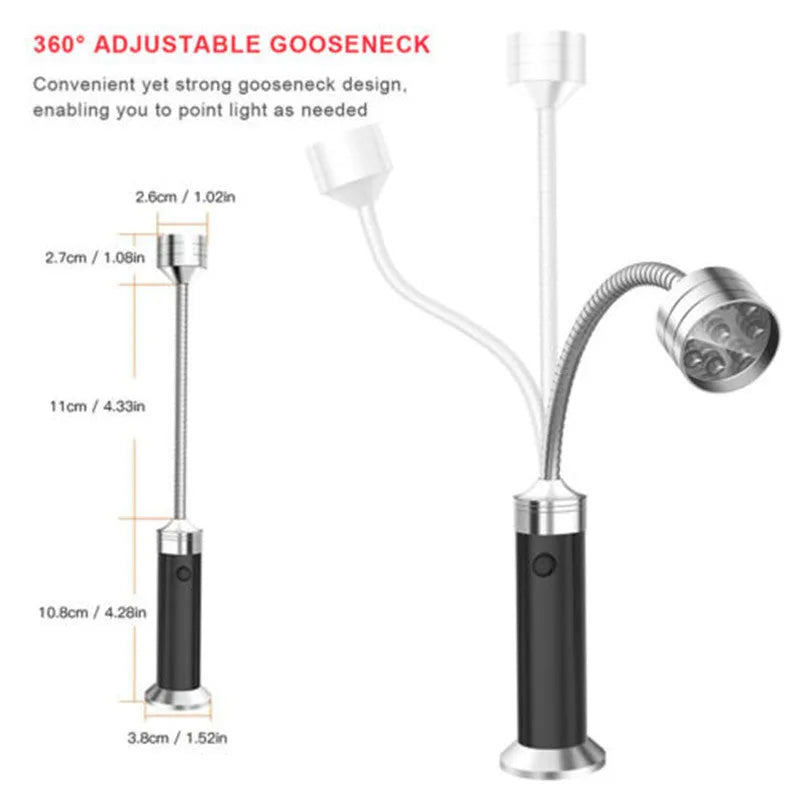 Black magnetic LED barbecue grill light with 9 LEDs and 360-degree rotating head on a metal surface