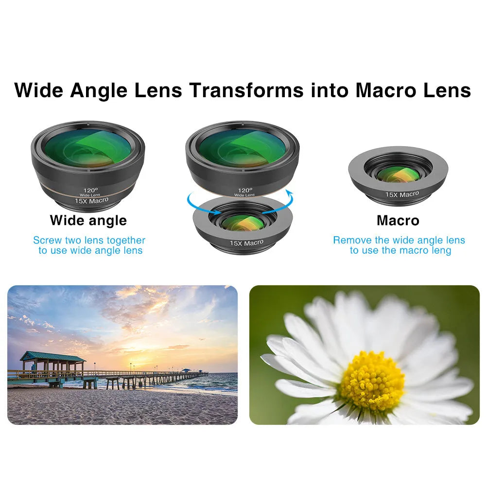 Six mobile phone camera lenses including fisheye, macro, wide-angle, telephoto and filters in EVA case with universal clip