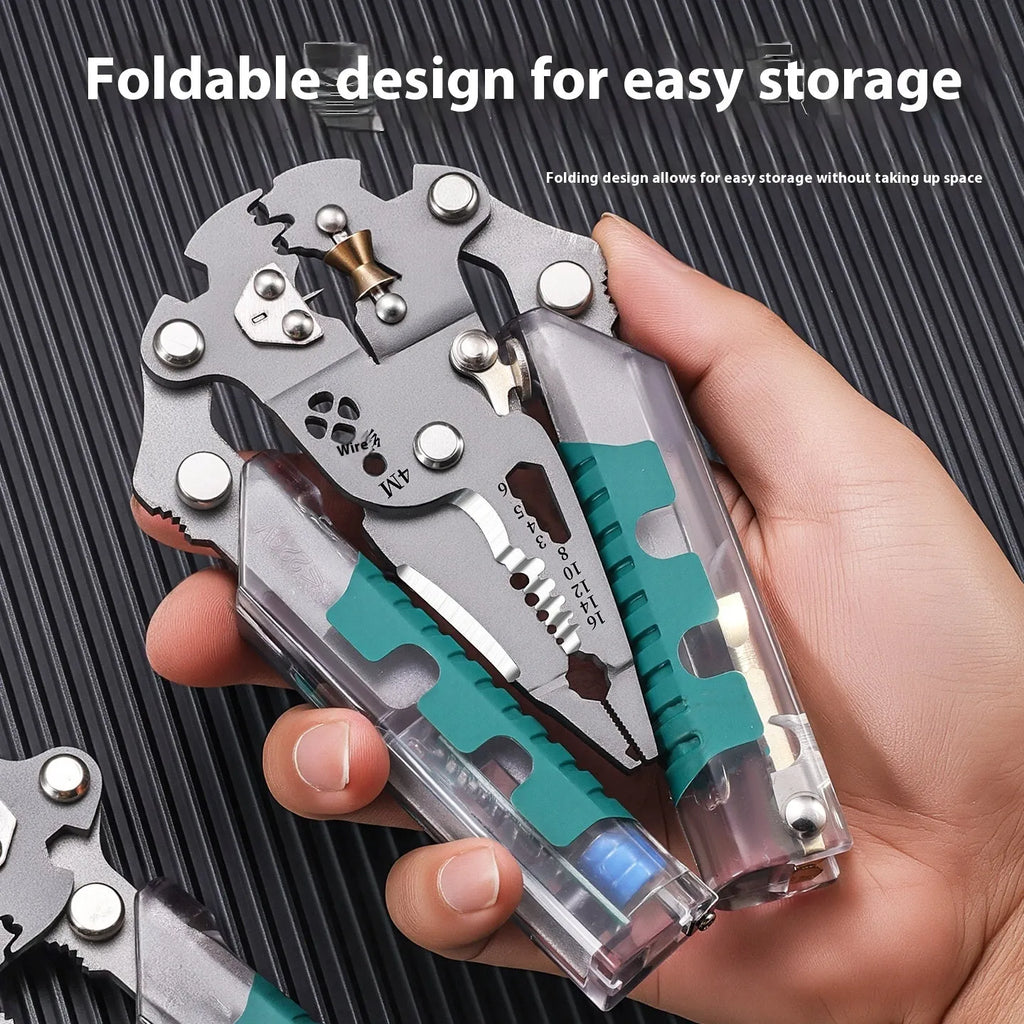 Electricians' multi-functional pointed pliers and wire stripper tool made of steel.