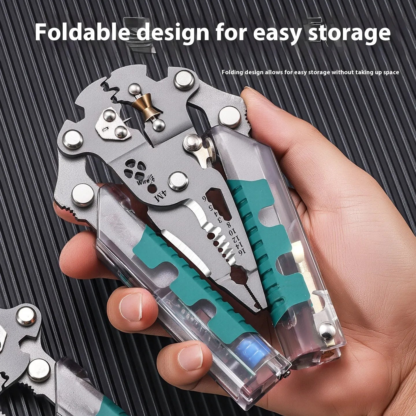 Electricians' multi-functional pointed pliers and wire stripper tool made of steel.