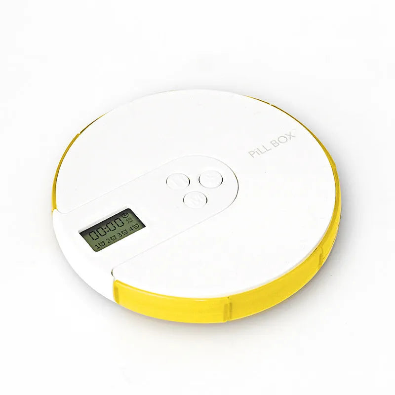 7-compartment alarm clock pill dispenser showing colourful options and compact 11 cm design