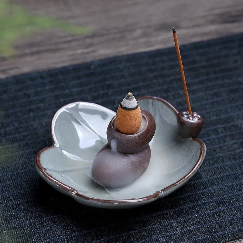 Square purple clay ceramic reverse flow incense burner with crystal glaze and auspicious lotus plum blossom symbols