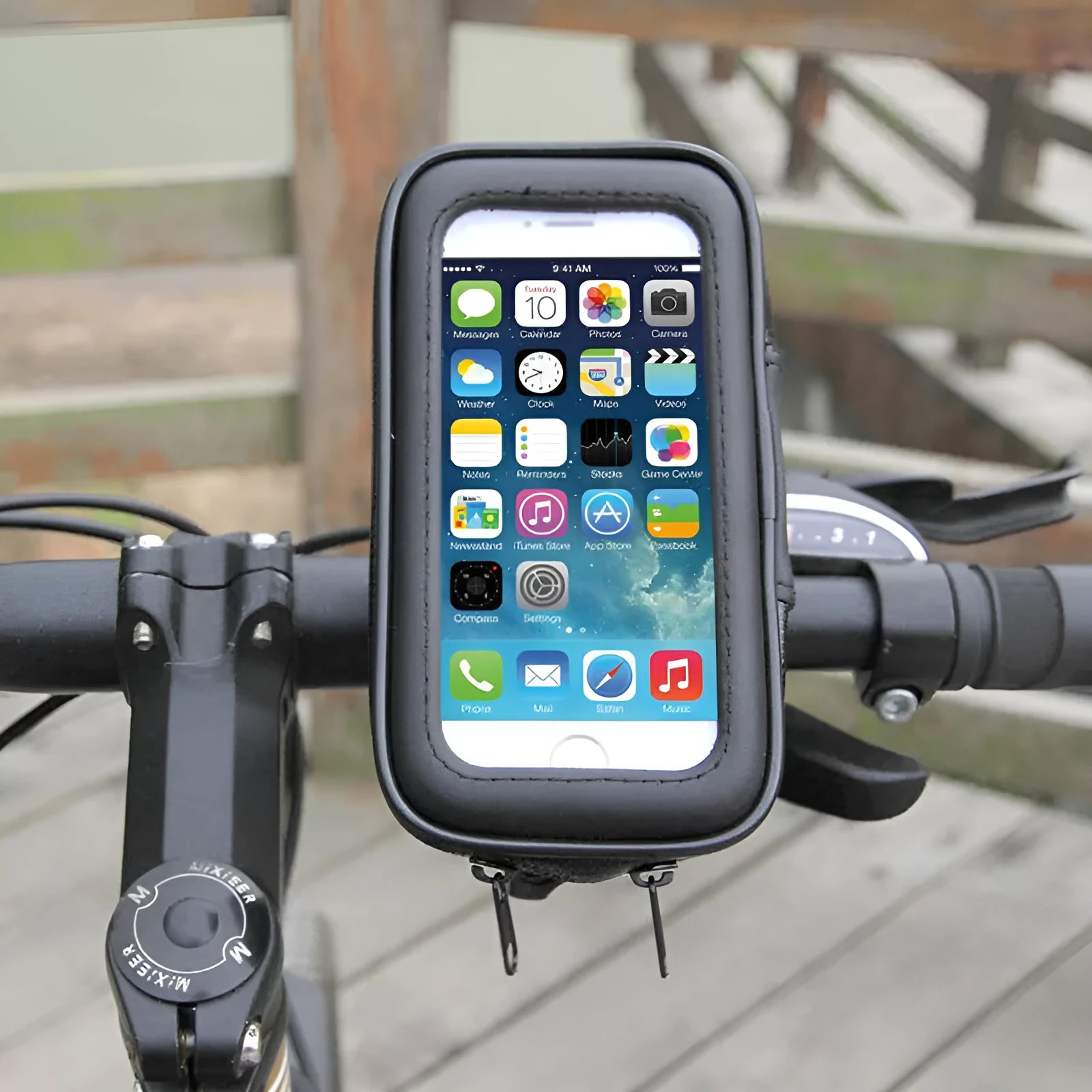 Black bicycle motorcycle phone holder waterproof case with silicone net showing phone secured on handlebar