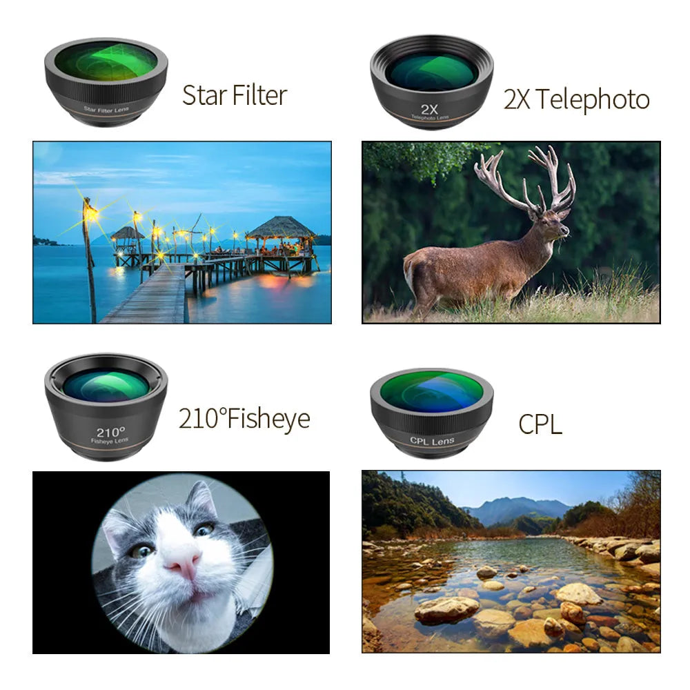 Six mobile phone camera lenses including fisheye, macro, wide-angle, telephoto and filters in EVA case with universal clip