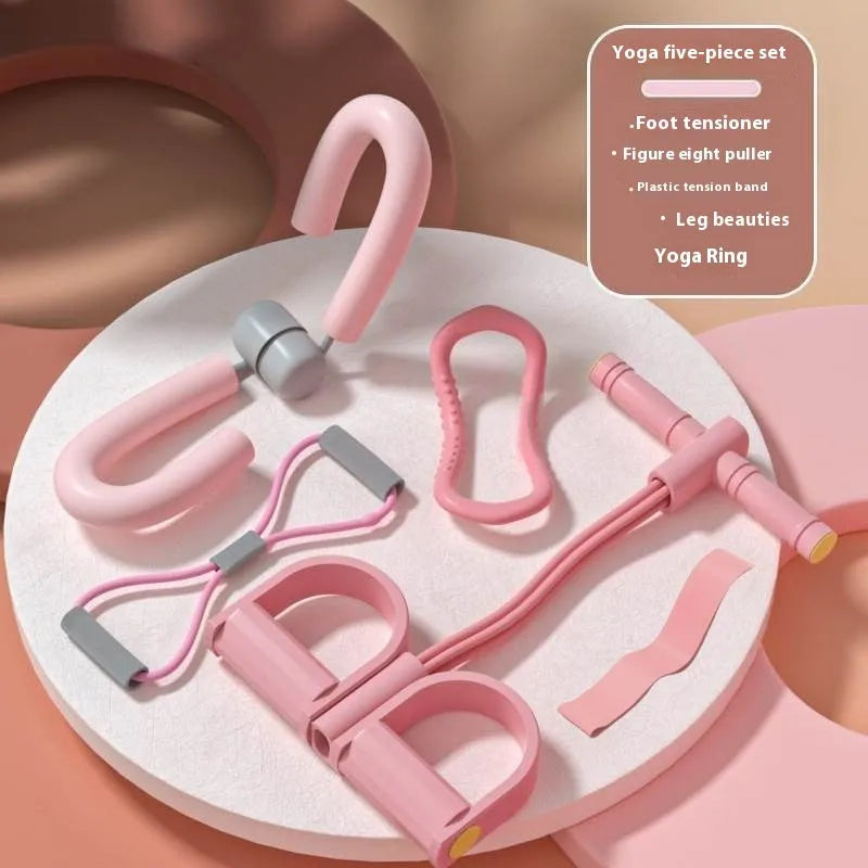 Yoga four piece fitness set showing leg beauty device, yoga ring, pedal tension device and eight character tension rope