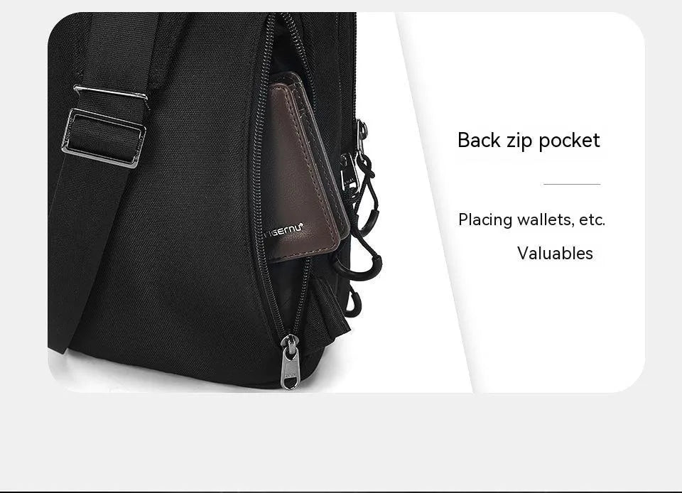 Casual black TPU chest bag with camouflage pattern, single shoulder strap, and soft handle showing square vertical shape