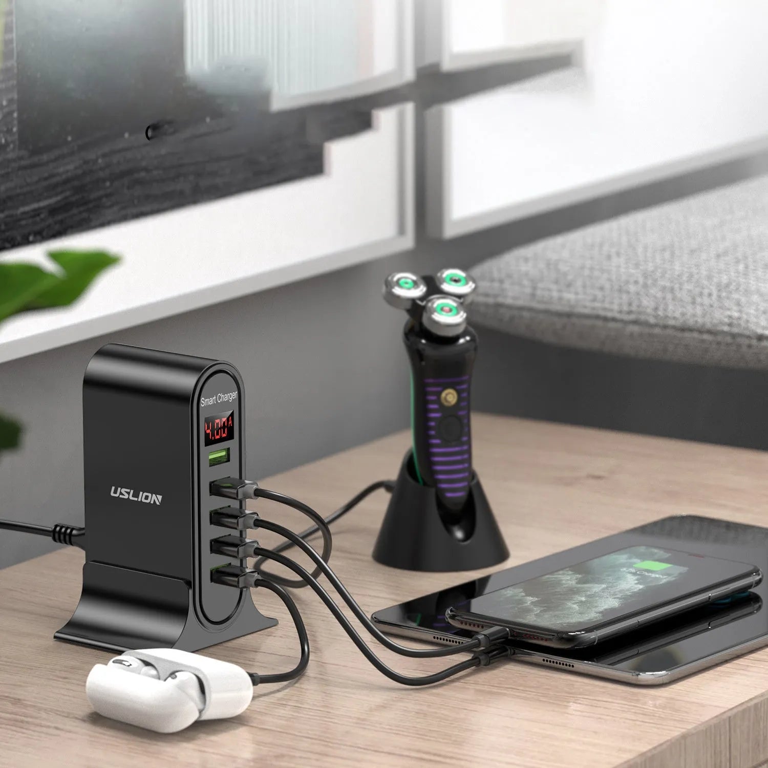 Smart black USB charger with LED digital display and UK plug, showing 5V output.