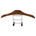 Wood yellow stainless steel car hanger for suits and coats mounted on a car seat headrest