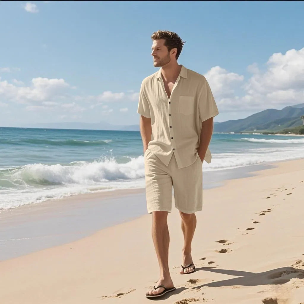 Men's light blue linen blend short sleeve shirt and matching shorts casual beach suit set