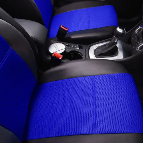 Artificial leather car seat covers in a choice of colours, shown in 2-piece, 4-piece, and 9-piece set configurations.