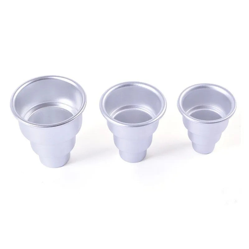 Three silver aluminium alloy cake moulds in large, medium and small sizes for tiered baking