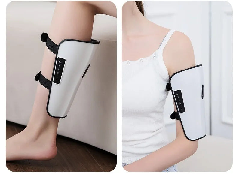 White plastic pulse calf massager with electrotherapy pulse technology and mechanical controls