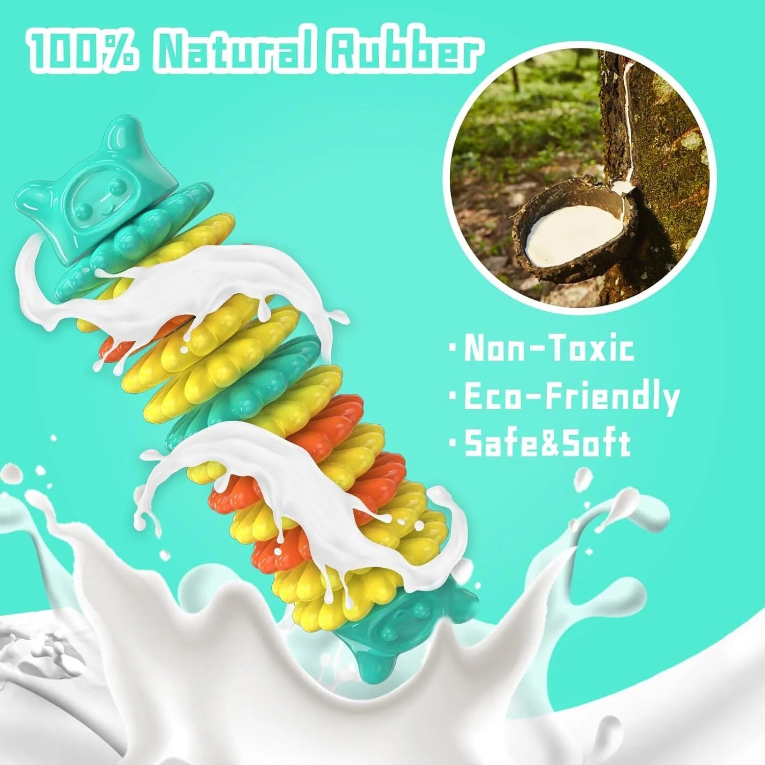 Blue green and pink caterpillar-shaped rubber dog chew toy for aggressive chewers, 17cm long