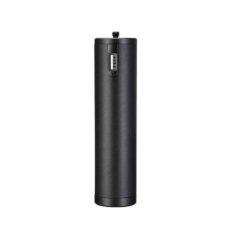 Black aluminium alloy portable power bank with a carry handle and strap, showing compact size