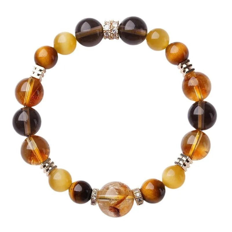 Lucky Jinba Tiger-eye crystal bracelet in natural yellow tower geometry design, shown in 10mm and 12mm sizes.