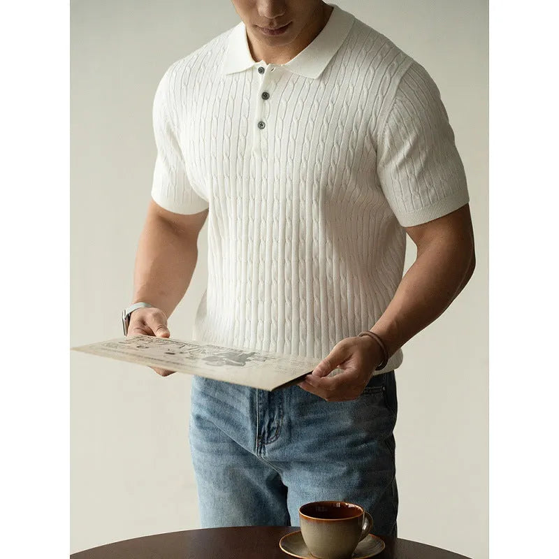 Men's business casual short sleeve top in khaki, black or white colours with Asian sizing information