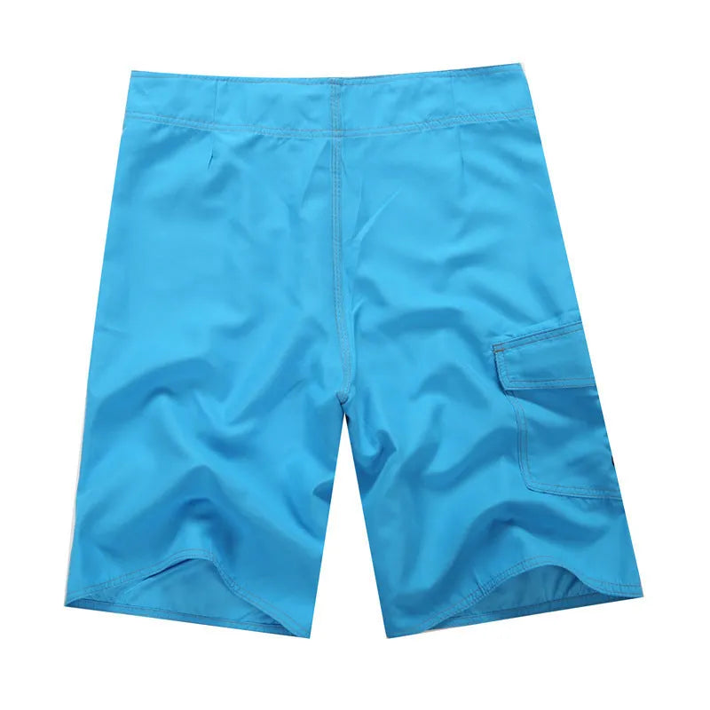 Men's striped polyester beach shorts in blue front view