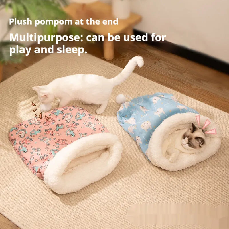 Cat sleeping bag nest measuring 50x40cm in pink, blue and striped flannel designs