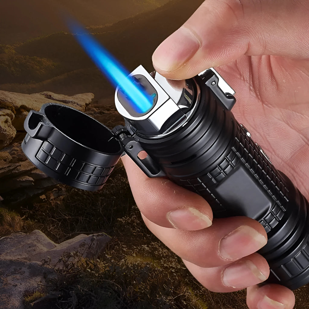 TH727 multi-function waterproof metal flashlight lighter in camouflage, red, black, blue, and yellow colour options.